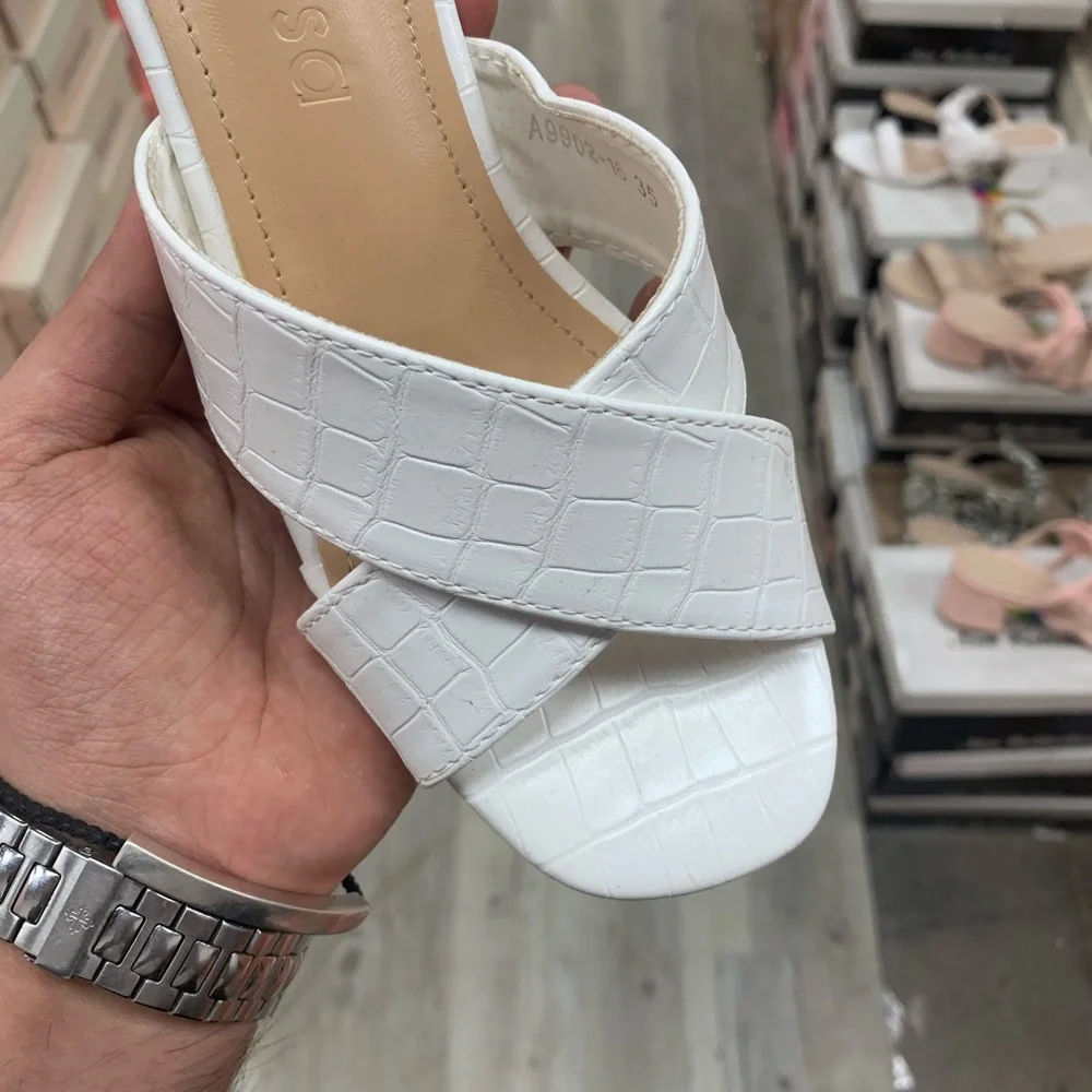 Square Toe Mule Low Block Heel Sandal in White Croc Embossed Faux Leather - Picture 3 of 6